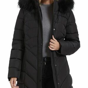 Women's Black Faux Fur Trim Hooded Puffer Coat